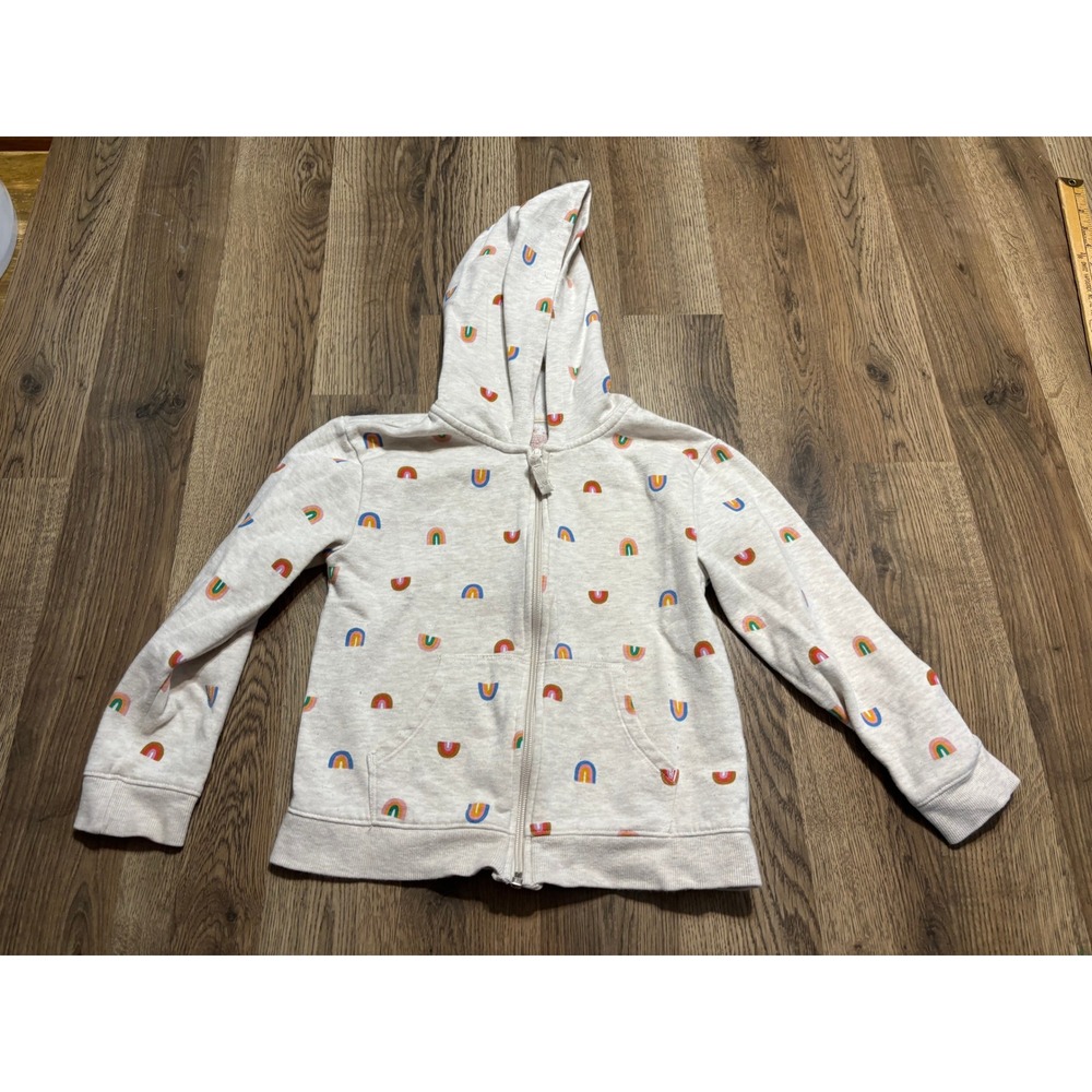 Cat & Jack Hoodie Girls Size S 6/7 Oatmeal Rainbow Zip Up Sweatshirt